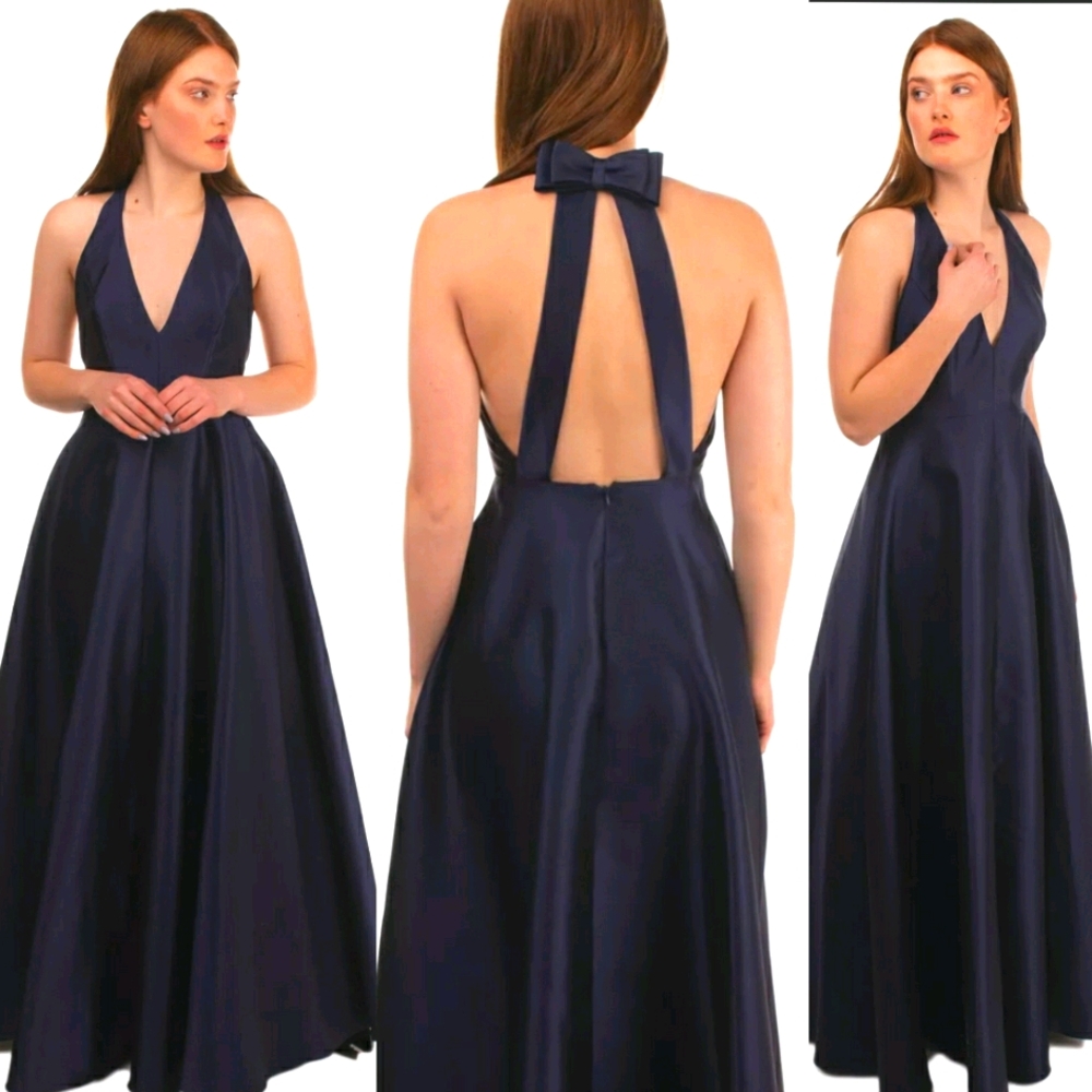 $795 NWT BADGLEY MISCHKA Womens Navy Blue Maxi Long Gown 2 XS Bow Wedding A-line - Picture 7 of 11